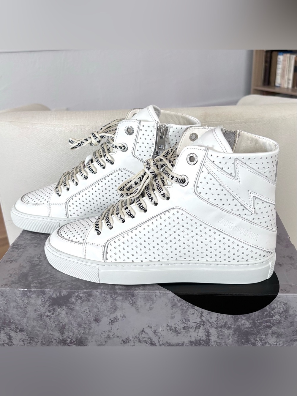 Zadig & Voltaire ZV1747 High Flash White Leather Sneakers Womens 38 Fits 7.5 8